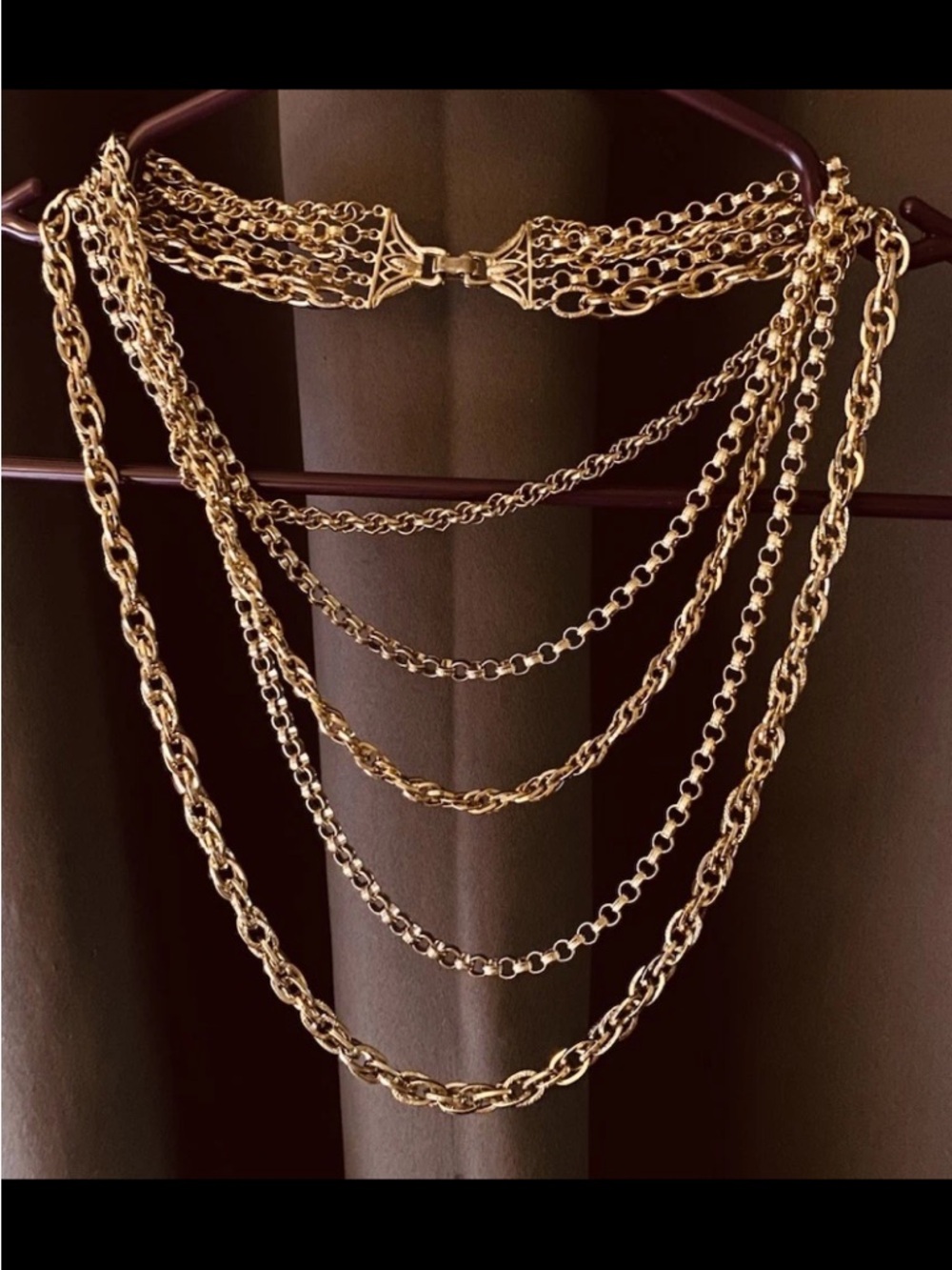 5 Tier Layered Gold Necklace Costume Jewelry Chain Links Vintage Box Link Marine